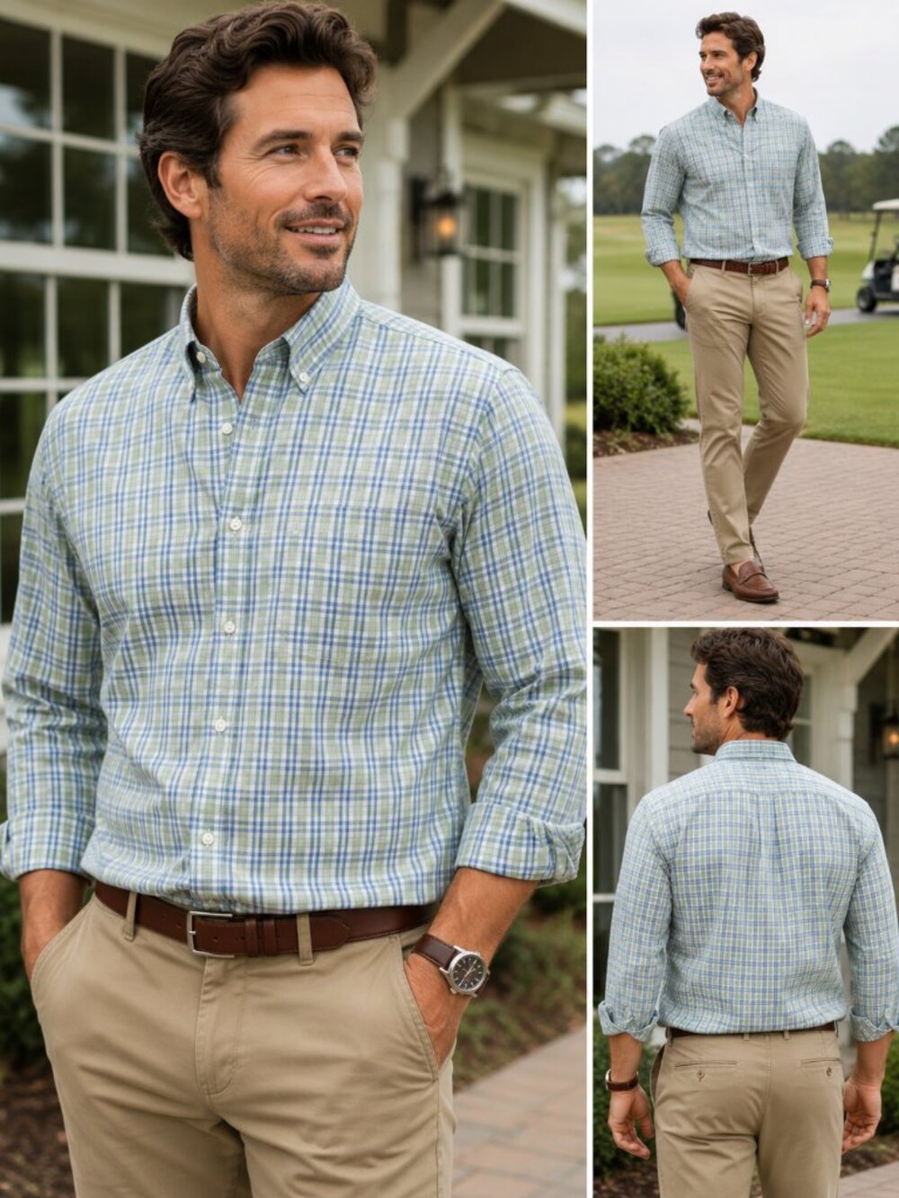 Johnston & Murphy Men's Large Green Blue Plaid Button Down Shirt 100% Cotton